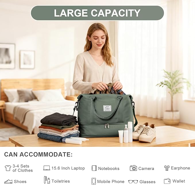 Travel Duffel Bag, 18x14x8 Inches Travel Bag Spirit with Shoes Compartment, Weekender Overnight Bag for Women with Trolley Sleeve, Carry On Bag for Airplanes Sport Tote Gym Bag(Green)