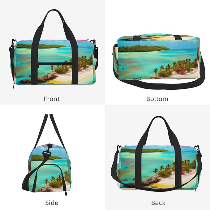 Caribbean Scenery Print Gym Bag with Shoe Compartment for Women Men, 17.7in Sports Duffle Weekender Tote, Overnight Travel Duffel Bag Carry On