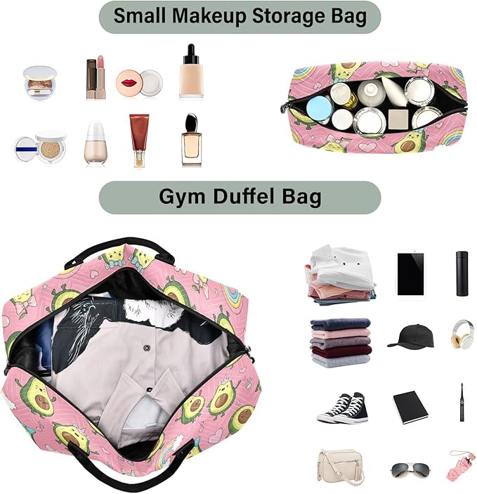 Cute Avocado Rainbow Pink Sports Gym Bag for Women Men Travel Duffel Bag Weekend Overnight Carry on Bag with Toiletry Bag Hospital Bag for Yoga Workout Swimming Hospital Plane