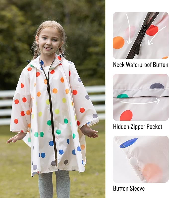 SaphiRose Lightweight Kids Rain Poncho Waterproof Jacket Zipper Up Rain Coat