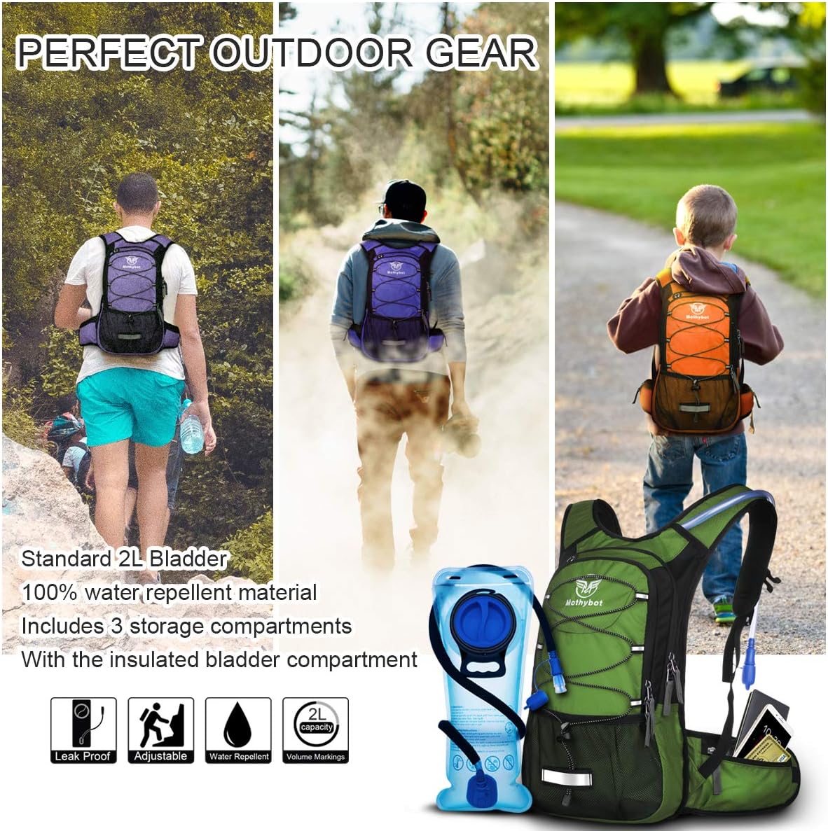 Insulated Hydration Backpack Pack with 3L BPA Free Leak Proof Water Bladder, Large Storage Lightweight Hiking Daypack with Waist Pouches & Cooler Layer, for Running, Biking, Camping, Festival