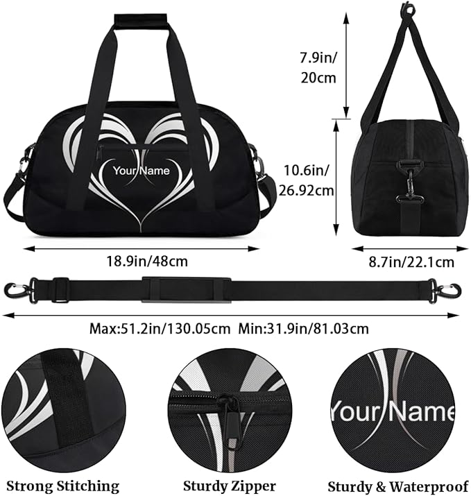 Custom Name Black White Hearts Men & Women Gym Travel Duffle Bag， Personalized Sports Bag for Overnight, Weekender, Carry On，18.9 * 8.7 * 10.6 in