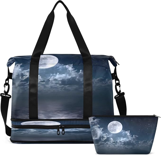 Travel Duffel Bags for Women Starry Moon over Water Sports Duffel Bags Gym Bags with Shoes Compartment Tote Bag Weekender Bag for Travelling