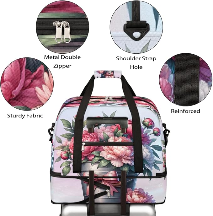 Pink Flowers Floral Large Weekender Bag with Shoe Compartment Travel Duffel Bags for Women Carry On Hospital Overnight Bag Foldable Personal Item Travel Bags Tote Gym Sports Airplanes
