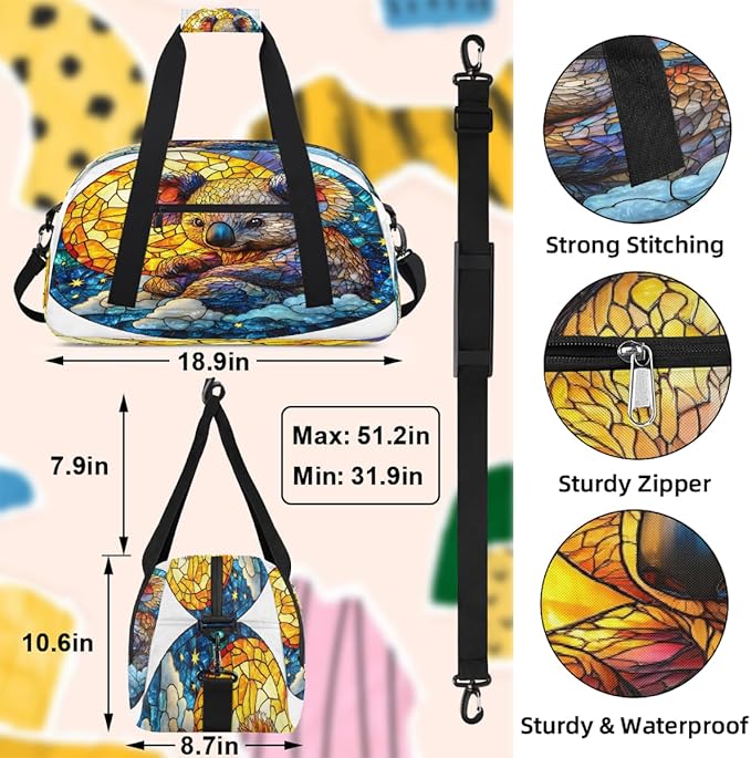 Travel Duffle Bag for travel duffle bag sports Girls Boys Kids Koala Stained Glass Lightweight Overnight Sleepover Weekender Bags Small Dance Gym Sport Bag Teens Carry-On Size Workout Bag