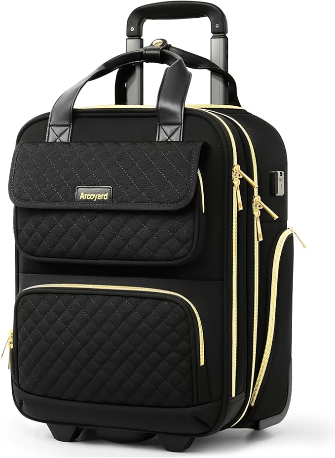 Underseat Carry On Luggage with Wheels, Airline Approved Personal Item Luggage, 16-Inch Multi-functional Underseat Luggage, Lightweight Overnight Suitcase for Women, Bussiness, Travel, Black