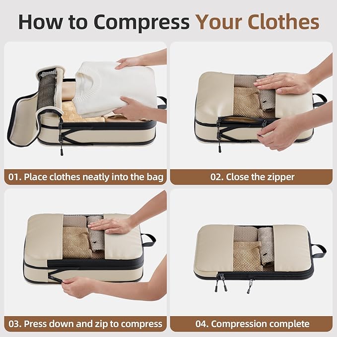 Compression Packing Cubes for Travel,6-Piece Travel Luggage Organizers with Breathable Mesh, Storage Bags for Clothes, Essential Travel Accessories, Beige