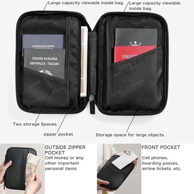 Waterproof Passport Holder, RFID Blocking Wallet, Portable Travel Document Organizer for Men & Women, Travel Essentials (Black)