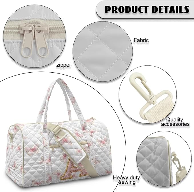 COEQINE Quilted Duffel Bag Pink Floral Initial Name A-Z Personal Item Travel Bag for Women Purses Quilted Tote Bag For Woman With Zipper and Trolley Sleeve