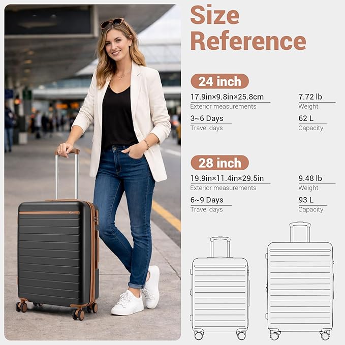 Kono 24 Inch Check In Suitcase Expandable Luggage, Business Travel Suitcase for 5-7 Days, Durable ABS+PC Hardshell with Side Handles & Kick Plates, Double Spinner Silent Wheels, Black/Brown