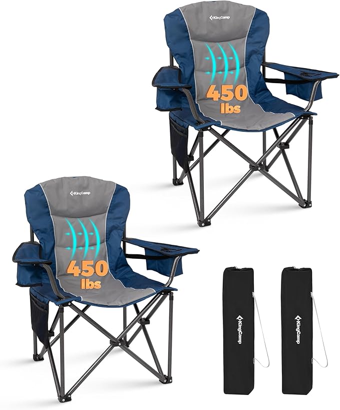 KingCamp Oversized Camping Folding Chair, Heavy Duty 450 LBS with Lumbar Support, Padded seat with Cup Holder&Cooler Bag, Ideal for Camp, Fishing, Sports Event, Backyard, Patio, Lawn(Blue/MediumGrey)