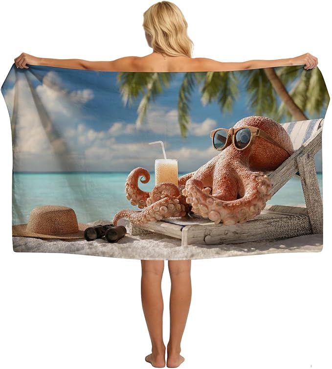 SARA NELL Octopus Beach Towel, Funny Octopus with Sunglasses and Drink Print, Summer Pool Beach Towel for Vacation Travel, Quick Dry Lightweight, 32"x52"