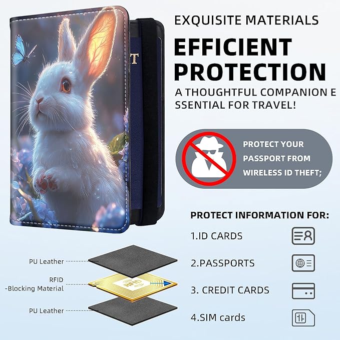Passport Holder for Travel, RFID Blocking Passport Holder Travel Walle, Passport and Vaccine Card Holder, Vacation Must Haves Travel Accessories for Men Women, Cute Rabbit Garden