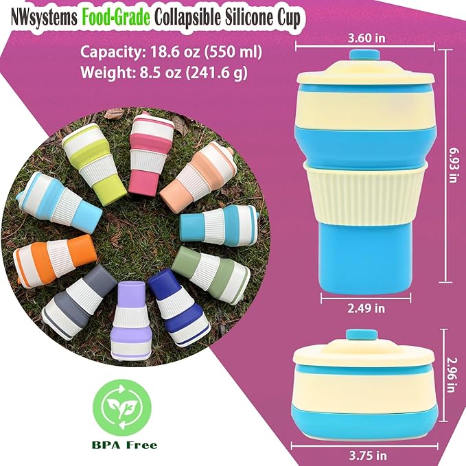 Collapsible Silicone Cup, Safe & Portable, for Hot & Cold Drinks, 18.6 oz (550 ml) - Travel, Camping, Office, and More – Turquoise Blue