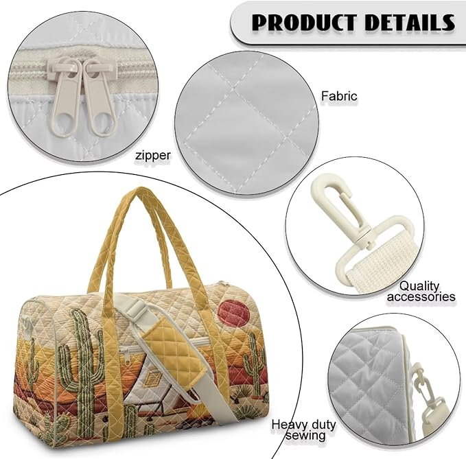 COEQINE Brown Desert Cactus Print Quilted Bag Light Weight Travel Duffel bag with Large Loading Capacity, Duffel bag with Shoulder Strap for Travel Camping Sports