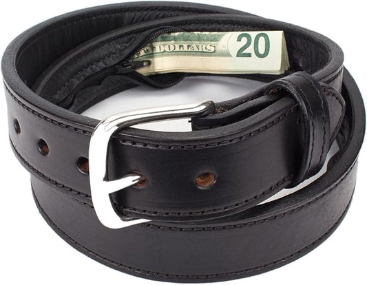 Yoder Leather Company Hidden Money Pocket Travel Belt English Bridle Leather with Zippered Secret Cash Pocket (Black, 32" (Waist 30))