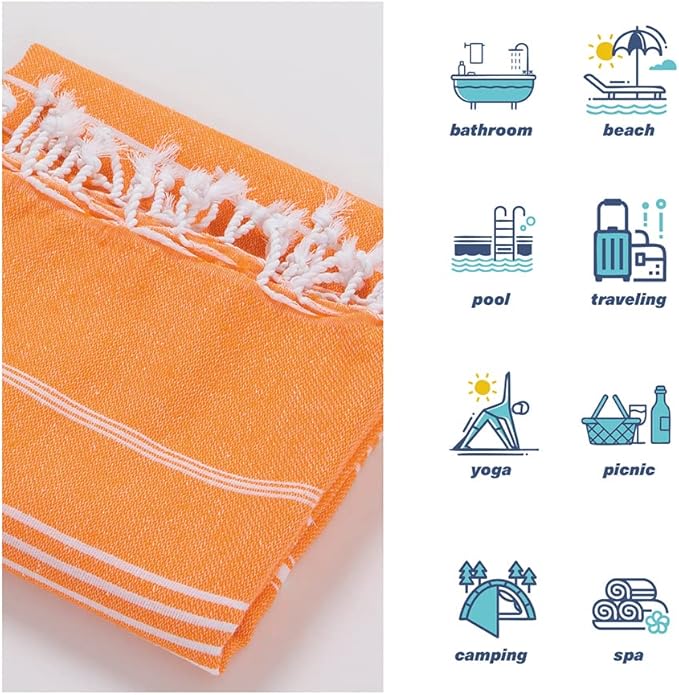 Hencely Turkish Beach Towel 37x68 Oversized, Sand-Free, Quick-Dry, Lightweight - Travel Essential for Pool & Bath - Striped 100% Cotton Bathroom Towels Accessories Gift (Orange)