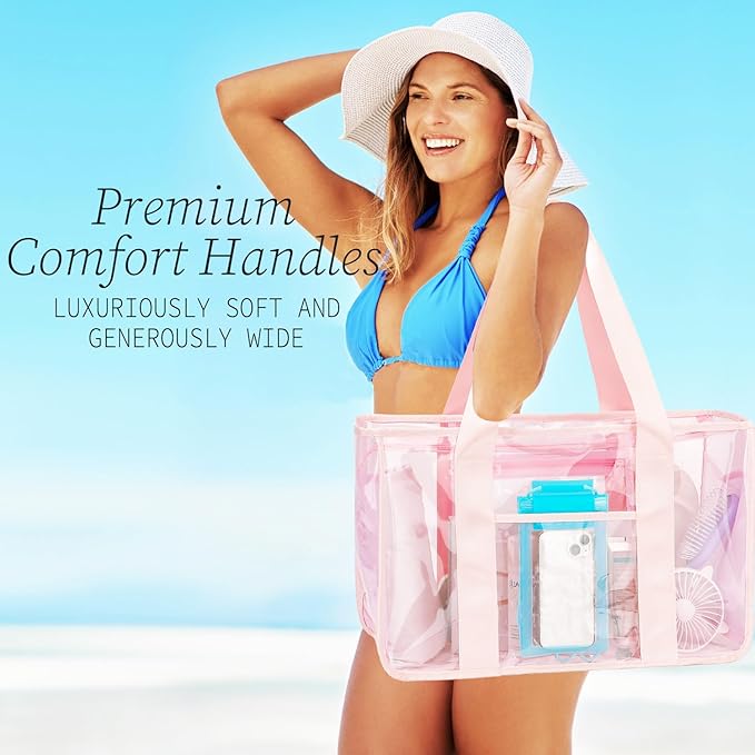 Iridescent Clear Beach Bag for Women, Large Pool Tote Cruise Vacation Essentials - Waterproof, Zipper Closure