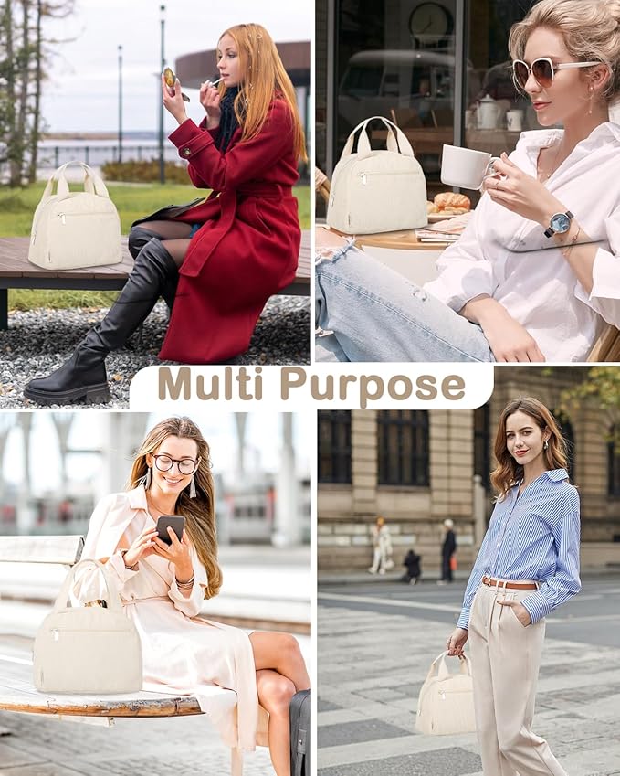 Cute Lunch Box Tote Bag - Corduroy Insulated Cooler Bags for Women - Lightweight Reusable Portable Soft Lunch Pail Kit for Kids Teen Girl Adults Work School Picnic Travel White 12L