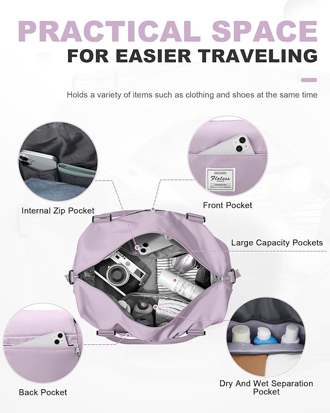 Travel Duffel Bag, 18x14x8 Inches Travel Bag Spirit with Shoes Compartment, Weekender Overnight Bag for Women with Trolley Sleeve, Carry On Bag for Airplanes Sport Tote Gym Bag Purple