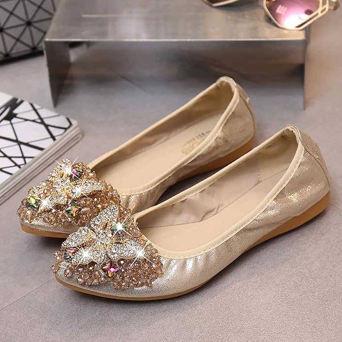 Women Ballet Flats Sparkly Rhinestone Wedding Ballerina Shoes Pointed Toe Foldable Comfort Slip on Flat Dress Shoes