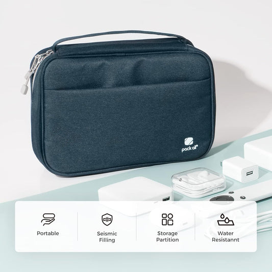 pack all Electronic Organizer Plus, Larger Capcity Cable Organizer Bag, Shockproof Carrying Case, Portable Cord Travel Organizer Storage Bag for Cables, Chargers, Phones, USB, SD Cards(Navy Blue)