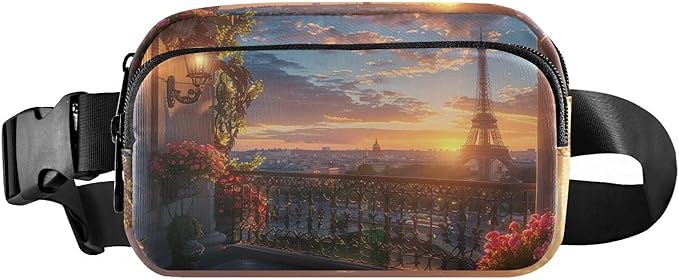 Paris Balcony View Eiffel Tower Fanny Pack for Women Men Water Resistant Fashion Waist Packs with Adjustable Strap Belt Bag for Travel Workout Jogging Hiking 21220605