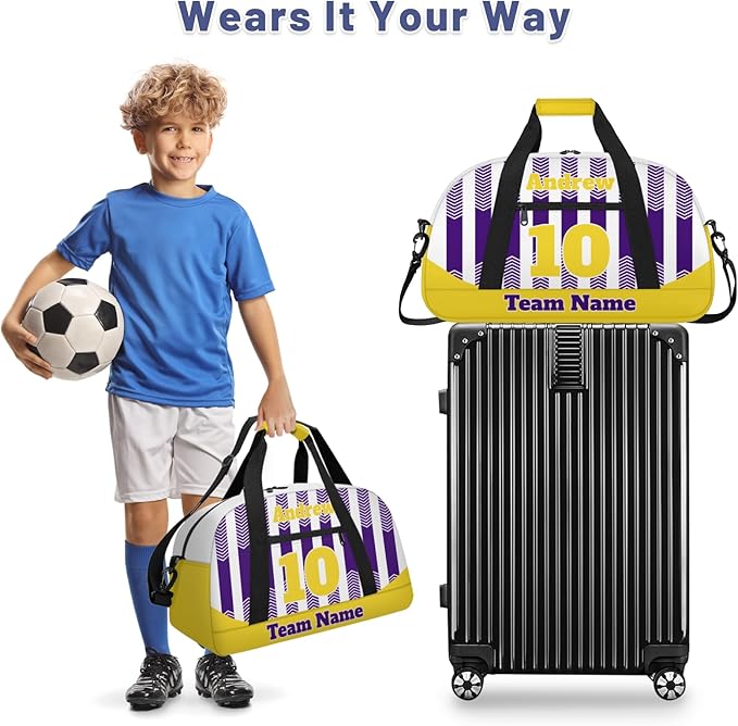 Basketball Soccer Gifts for Boys Girls - Custom Sports Duffle Bag, Personalized Name & Team Bag, Water-Resistant Gym Bag for Basketball, Soccer, Volleyball | Y-Purple Yellow