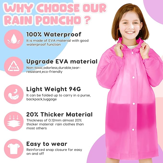 BFONS Rain Ponchos for Kids, Reusable Raincoats for Boys Girls with Hood and Sleeves, Waterproof Rain Jackets for Travel Outdoor Pink 2PCS