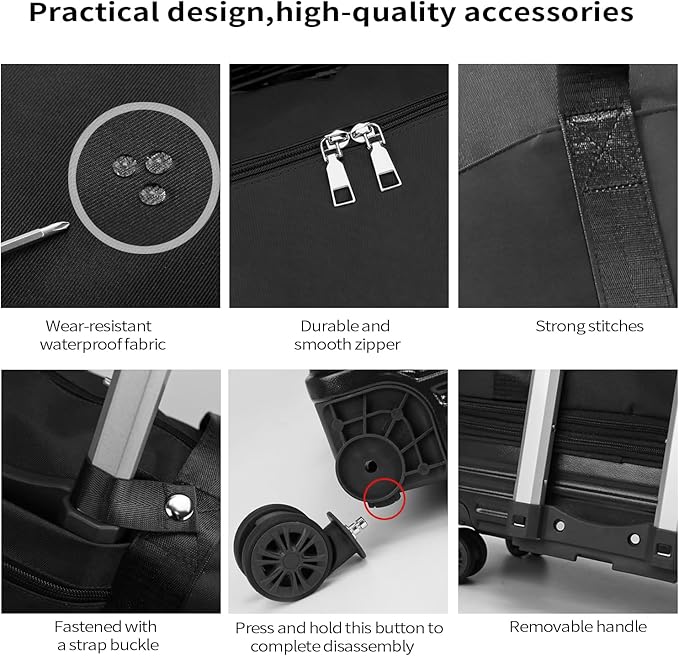 Rolling Duffle Bag with Wheels and Handle, Expandable Foldable Travel Bag - Wheeled Carry On Luggage, Collapsible Suitcase for Weekend Trips, Gym, Large Capacity & Waterproof (Black)
