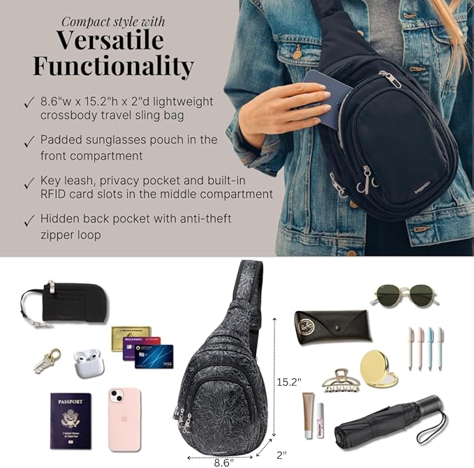 Baggallini Securtex® Anti-Theft Triple Zip Sling - Travel Backpack Sling Bag Crossbody - RFID Wallet Locking Zipper