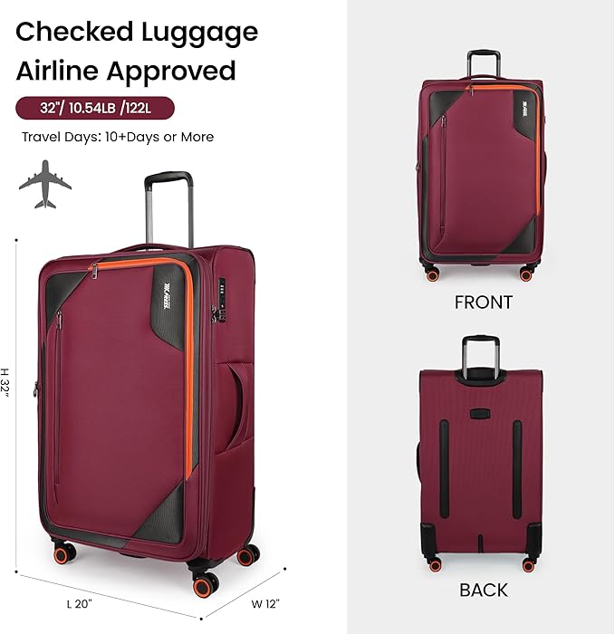 Suitcases with Wheels 32 inch Luggage,Large Softside Suitcase Expandable 20% w/TSA LOCK,Lightweight Travel Suitcase for Men/Women（Burgundy,32in）