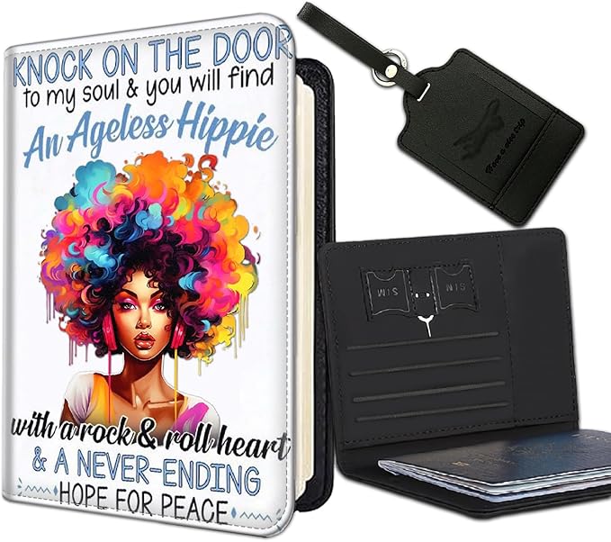 Passport Holder Women Wallet with Luggage Tag, Leather Passport Cover with RFID Blocking, Travel Accessories Multi Card Slot Passport Case for Men，Afro African Girl with Colorful Hair