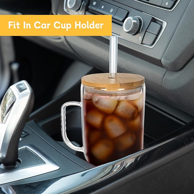 ANOTION Glass Cups with Lids and Straws - 40 Oz Tumbler with Handle and Straw Glass Water Bottles Drinking Glasses with Straws Iced Coffee Cups Travel Coffee Mug Smoothie Tumbler