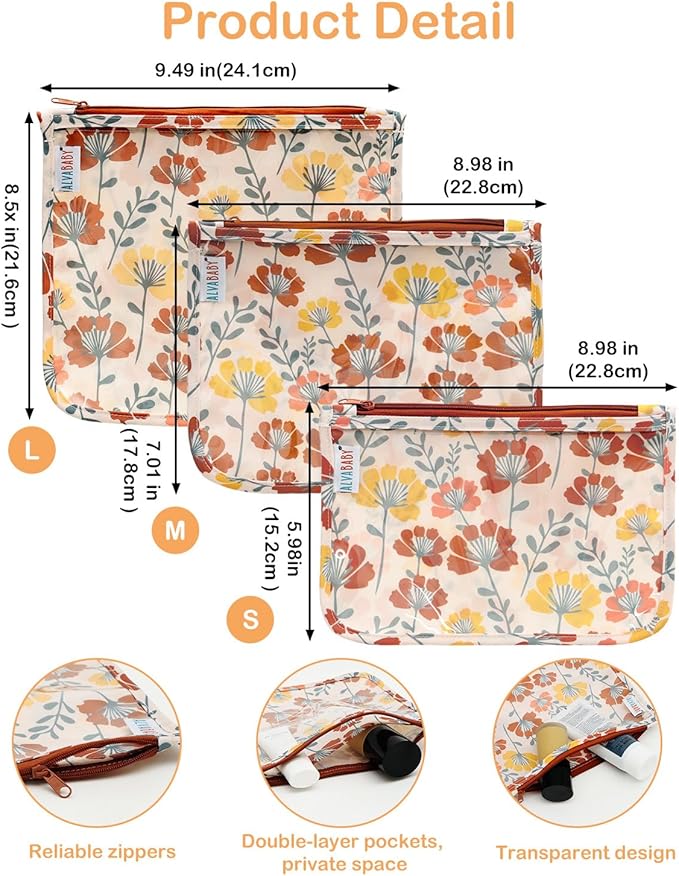 ALVA Diaper Bag Pouches | 3pcs Mess-Proof Travel Toiletry | TSA Approved Toiletry Bag | Cosmetic Makeup Bag Diaper Organizer for Baby and Mom Essentials