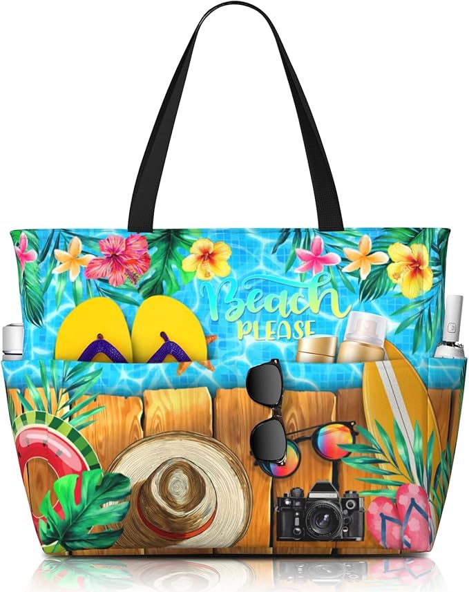 Beach Bag Tote Bags Waterproof Sandproof for Women Large Beach Tote Bag Foldable with Pockets for Weekend Vacation