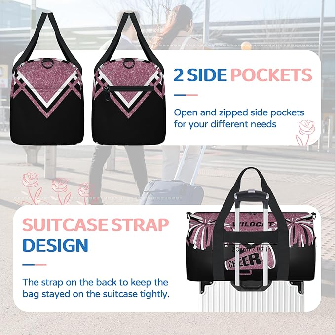 Custom Gym Dance Bag Cheerleading Theme, Personalized Dark Pink Glittering Cheerleader Sports Bag for Teens Waterproof Weekender Carry Practice Travel Tote