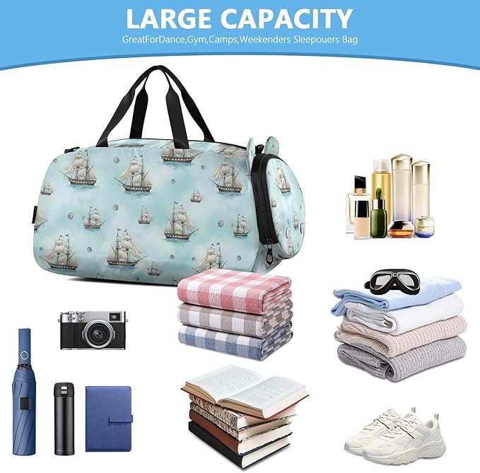 VIGTRO Nautical Ships Blue Water Kids Overnight Travel Duffel Bag Sport Gym Bag for Boys Girls with Shoe Compartment, Carry On Weekender Luggage Bag for Dance Swim Yoga