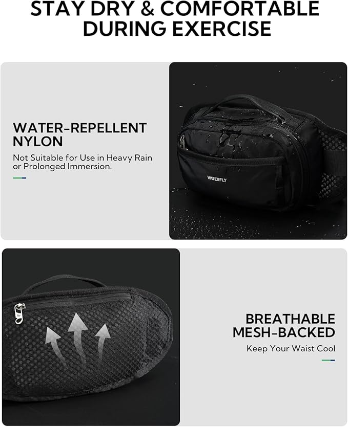 WATERFLY Fanny Pack Waist Bag: 2.3L RFID Blocking Anti-Theft Crossbody Bags with Bellows-Style Opening, Breathable Casual Hip Pack for Women Men Traveling Walking Hiking-Black