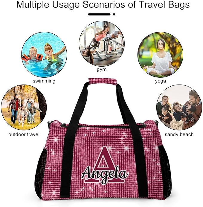 Pink Sparkly Print Personalized Duffel Sports Bag with Name Custom Weekender Overnight Bag Gym Bag Travel Duffel Bag