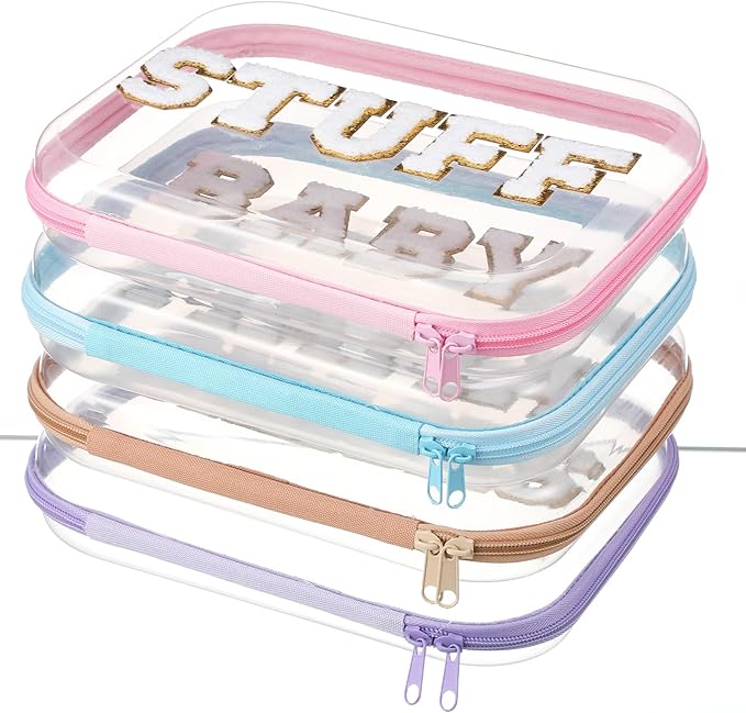 Thinkday 4 Pcs MAMA and BABY Hard Shell Zipper Case Set with Chenille Letters, 9.8 Inch Plastic Zipper Pouch for Travel Organizer, Portable Cosmetic & Snack Storage, Gift for Mom Women, 4 Colors