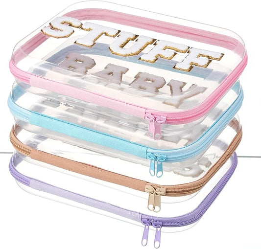 Thinkday 4 Pcs MAMA and BABY Hard Shell Zipper Case Set with Chenille Letters, 9.8 Inch Plastic Zipper Pouch for Travel Organizer, Portable Cosmetic & Snack Storage, Gift for Mom Women, 4 Colors