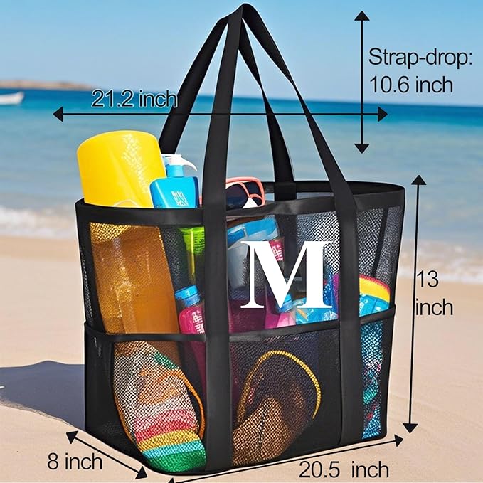 Personalized Mesh Beach Bag for Women - Waterproof Initial Tote Bag for Family Travel, Toys, Vacation Essentials