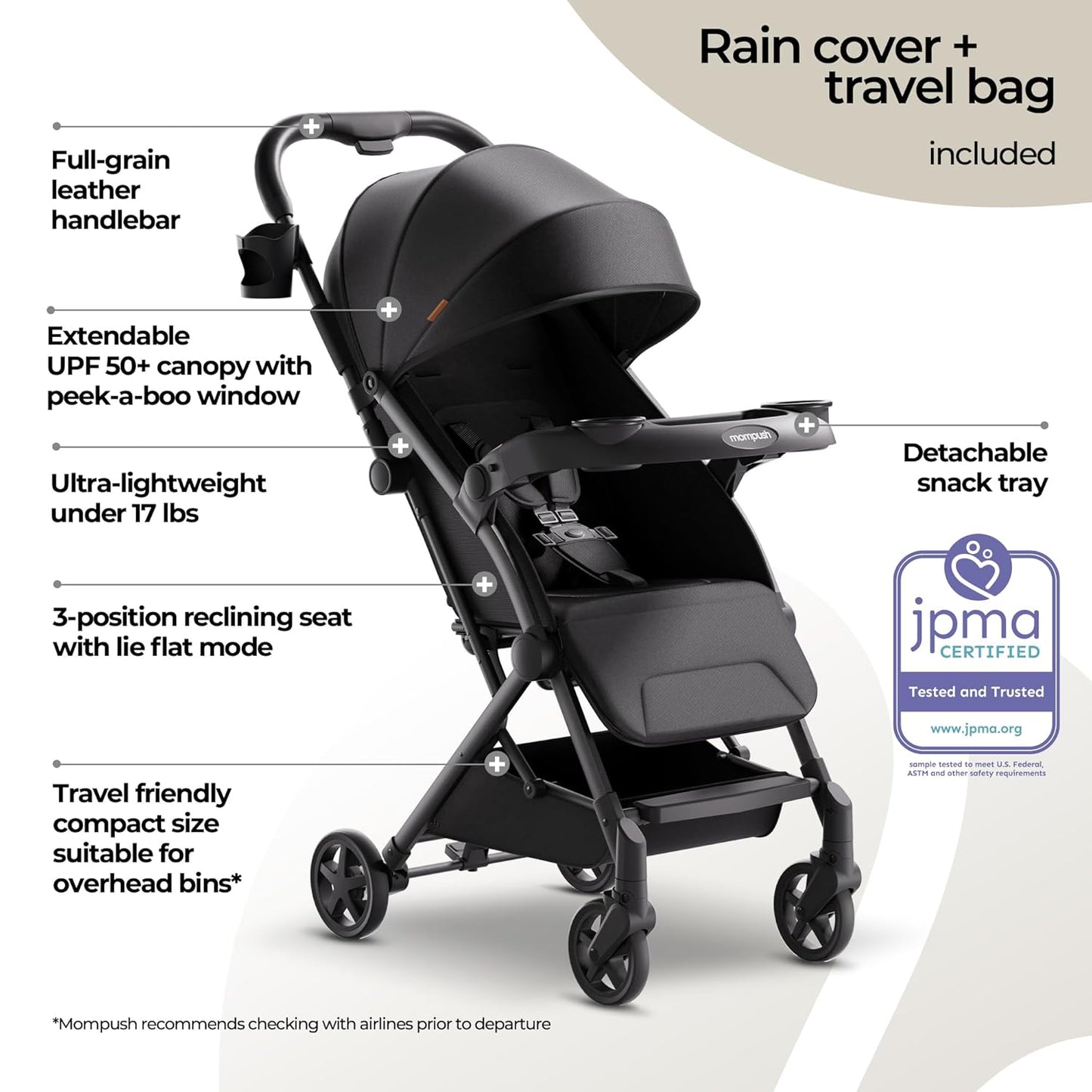 Mompush Lithe V2 Lightweight Travel Stroller, Compact Foldable Baby Stroller with Travel Bag, One-Hand Fold Stroller, Snack Tray, Mechanical Recline Seat, Airplane-Ready, UPF 50+ Canopy & Rain Cover