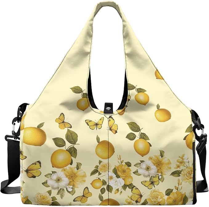 Travel Carry On Bag for Women with Yoga Mat Holder Strap, Lemon Gym Duffle Bag with Shoes Compartment, Wet Pocket, Gym Backpack Carring Workout Stuff Accessories
