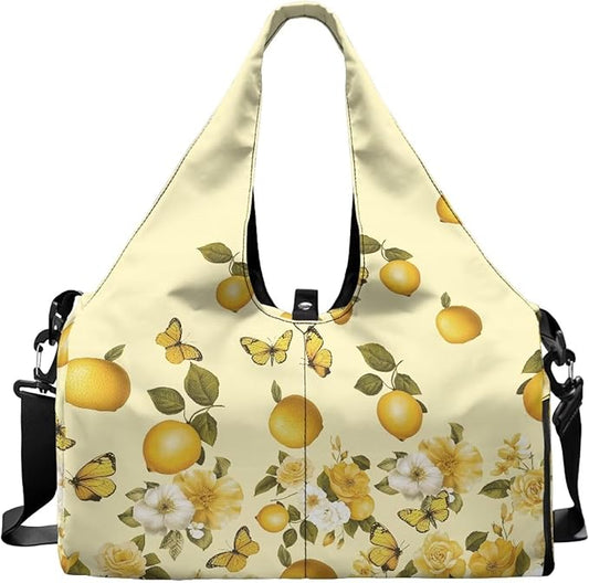 Travel Carry On Bag for Women with Yoga Mat Holder Strap, Lemon Gym Duffle Bag with Shoes Compartment, Wet Pocket, Gym Backpack Carring Workout Stuff Accessories