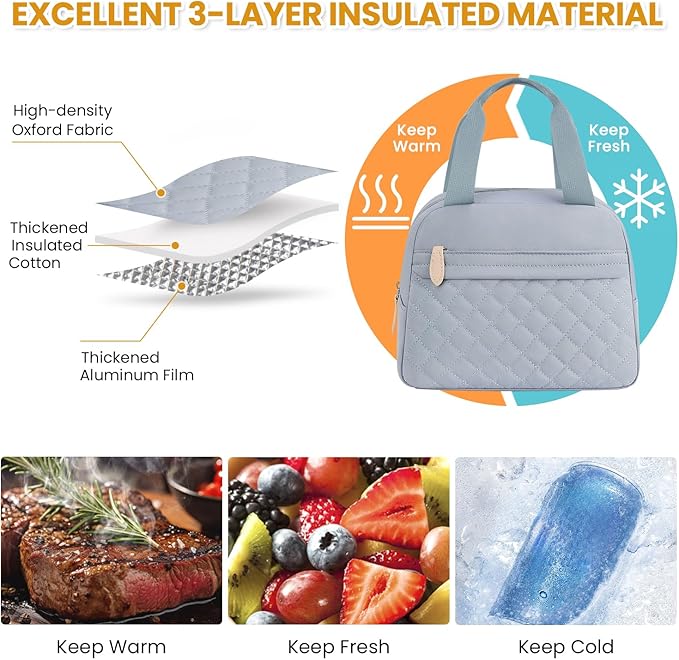 Insulated Lunch Bag for Women, Portable Lightweight Lunch Box for Adults, Reusable Small Lunch Tote Cooler Bags with Front Zipper Pocket for Work School Picnic(Light Blue)