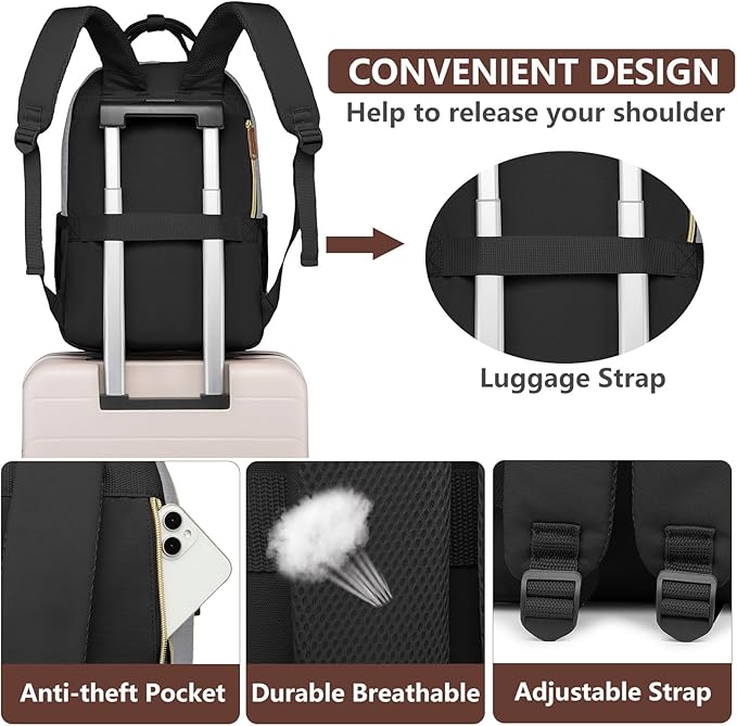 Laptop Backpack for Women Work Bag - 15.6 inch Travel Backpack Purse with USB Charger College Bookbag Waterproof Casual Daypack Fashion Business Computer Backpacks for Teacher Nurse Black Grey Brown