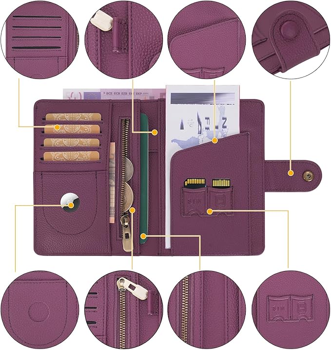 WASON Leather Passport Cover Wallet - Travel Passport Holder with RFID, Card Slots, Cash Pocket, Coin Purse, Tracker Slot, Boarding Pass and Ticket Organizer for Men and Women (Purple)