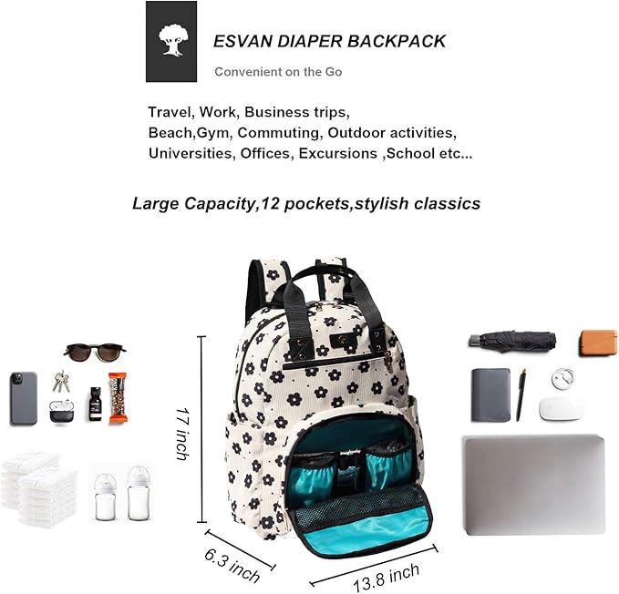 Diaper Bag Backpack, Large Capacity Multifunction Baby Essentials Fashion Travel Pack Linen Canvas office Laptop Bag (Corduroy Black Flower)